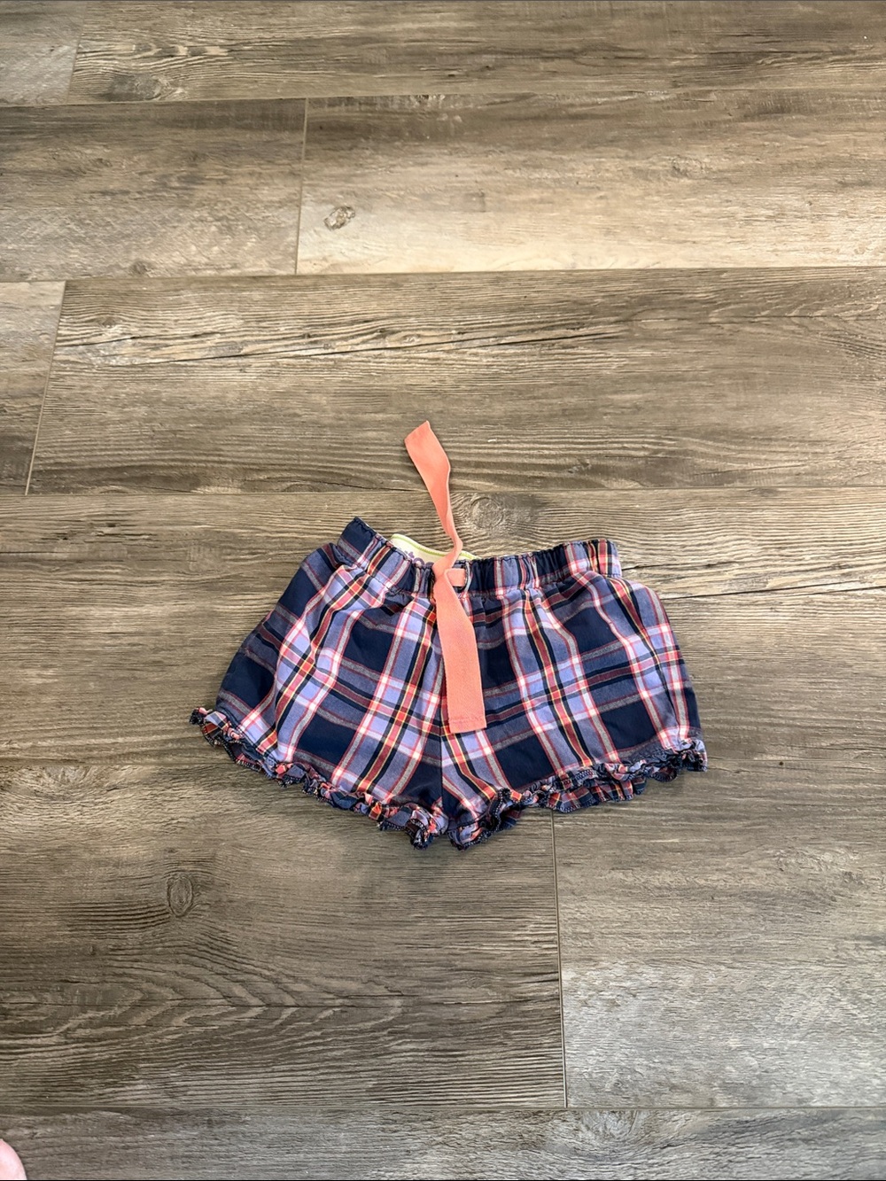 M&S Girls Navy and Coral Plaid Ruffle Hem Shorts